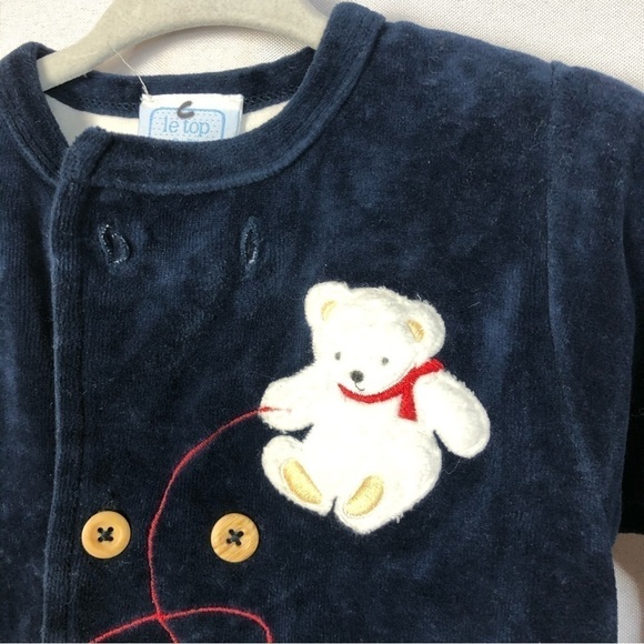 Vintage Le Top Navy Blue Velour Bear & Dog Long Sleeve 3M - Picture 3 of 4